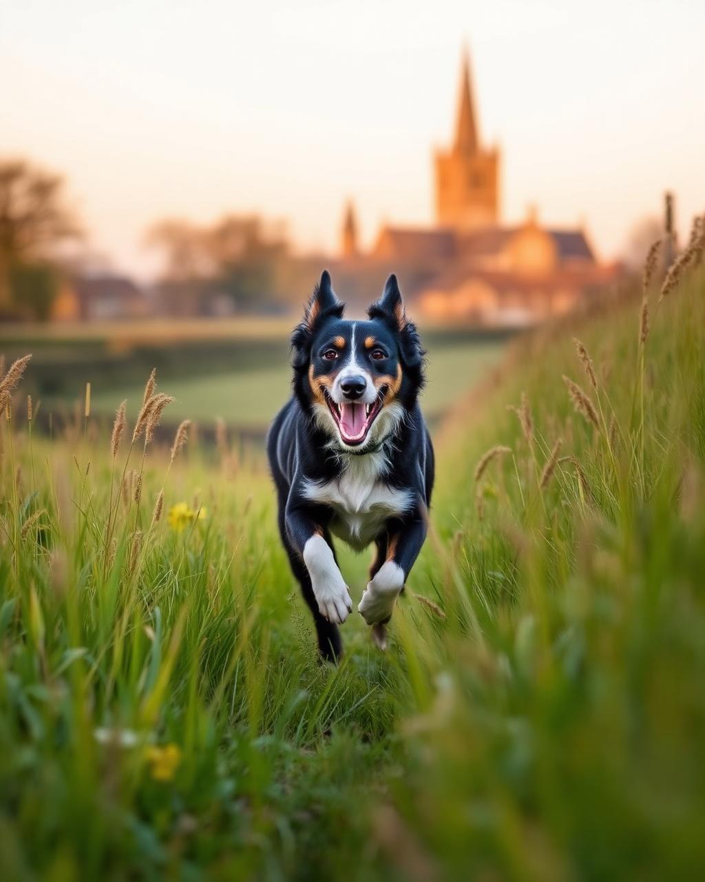 Border collie running near Chichester Cathedral